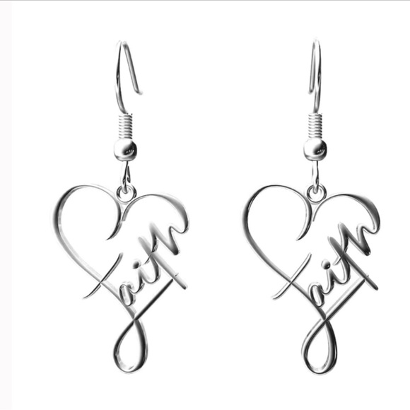 Heart Shaped Faith Silver Stainless Steel Dangle Earrings - Picture 1 of 2
